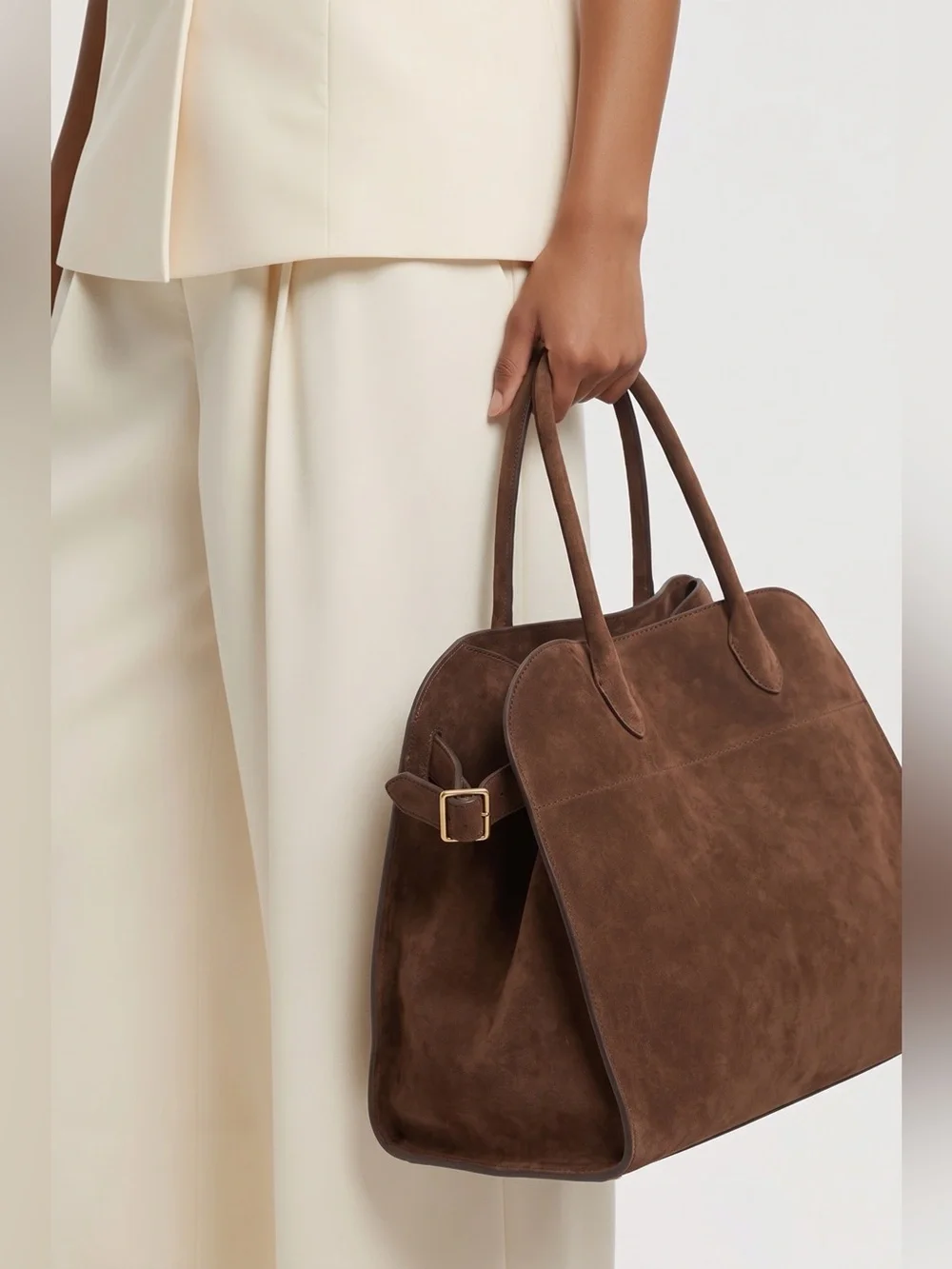Woman’s Brown Faux-Suede Satchel Top-Handle Bag w/Buckle Accent & Magnet Closure